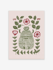 Illustrative green scarab beetle surrounded by green leaves and red-and-white flowers on a light beige background