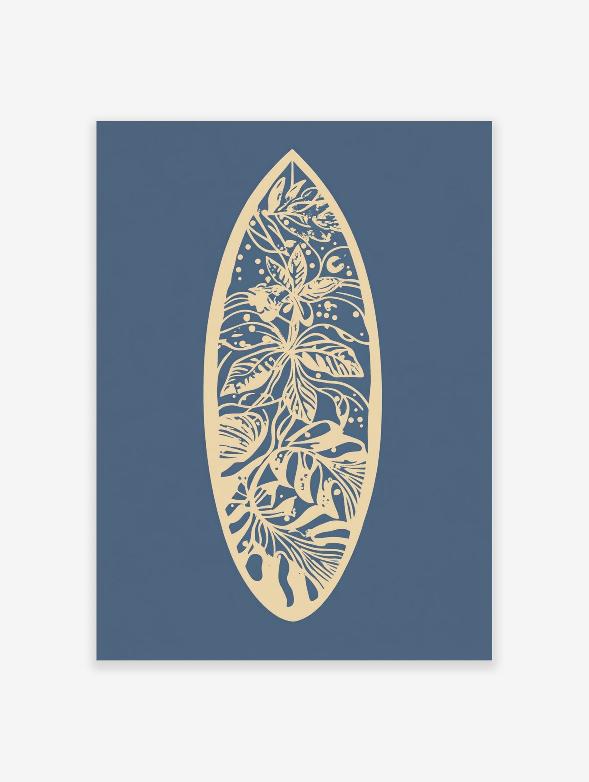 Beige botanical floral pattern within a surfboard shape on a deep blue background, unframed paper print