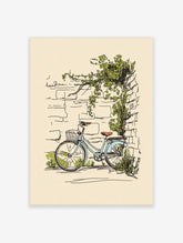 Illustrative light blue bicycle with front basket against beige stone wall with green ivy