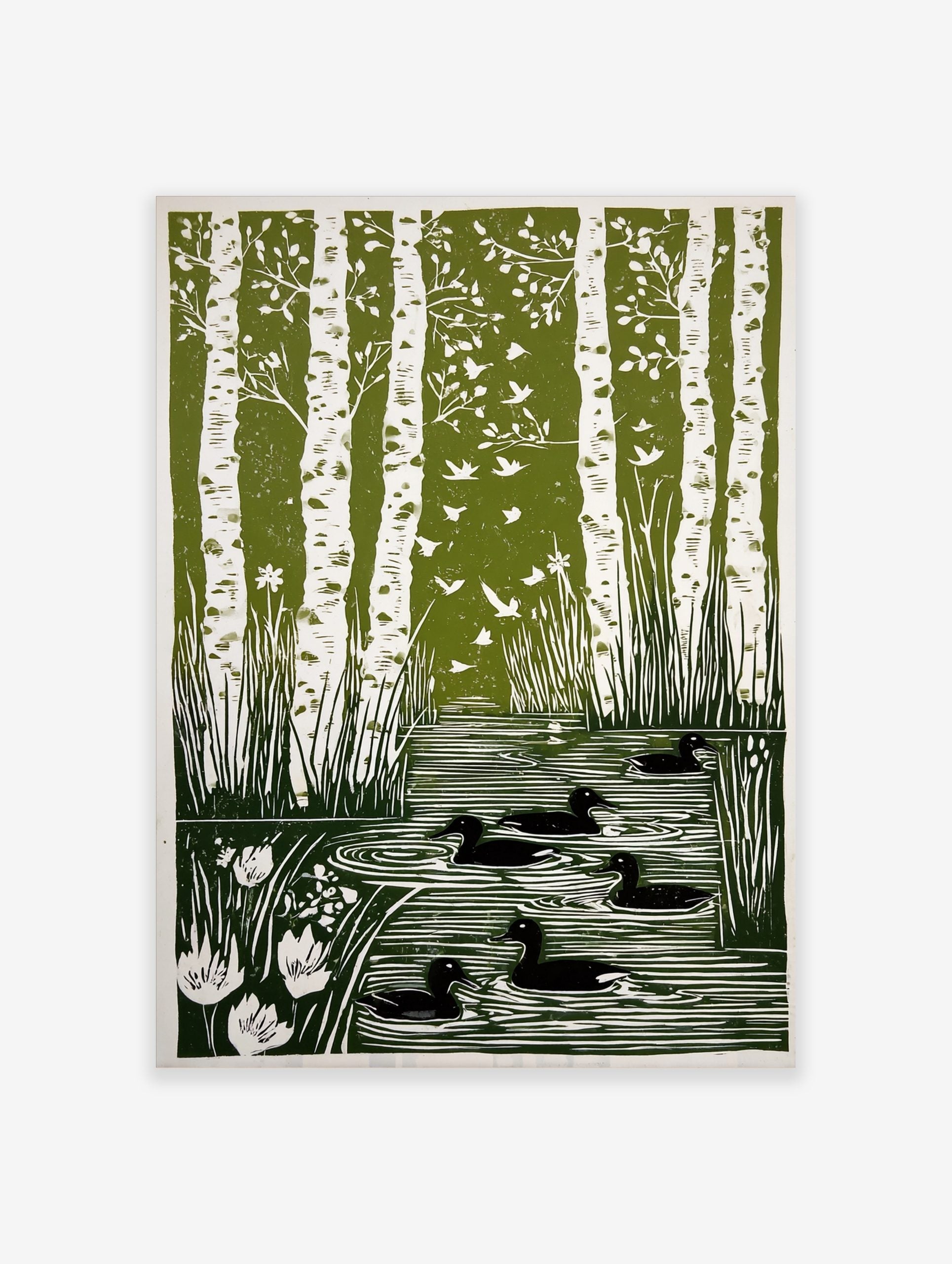 Green and white linocut print of birch trees, flying birds, ducks in a pond, and reeds with flowers