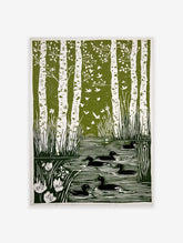 Green and white linocut print of birch trees, flying birds, ducks in a pond, and reeds with flowers
