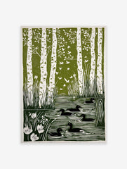 Green and white linocut print of birch trees, flying birds, ducks in a pond, and reeds with flowers