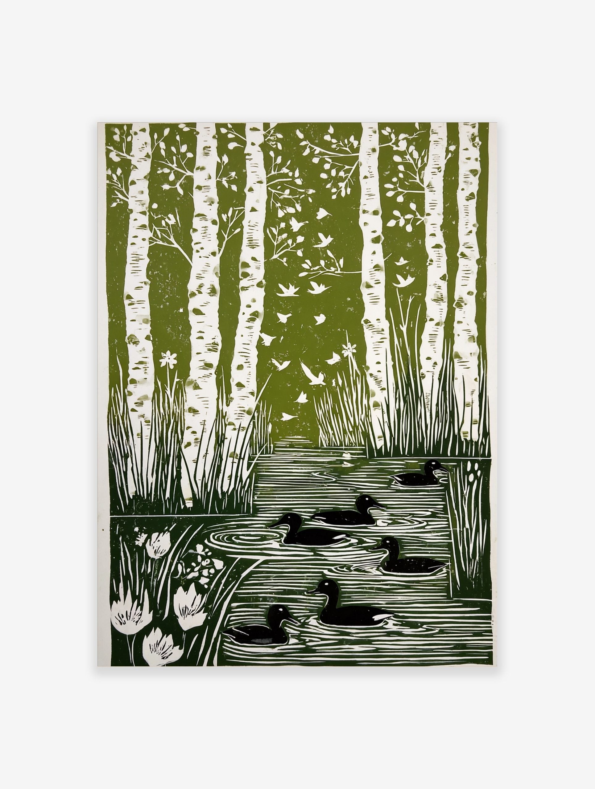 Green linocut art print of white birch trees, flying birds, and black ducks in a pond with reeds and flowers
