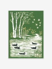 Illustrative green print with white birch trees, golden reeds, black ducks on water, and flying birds