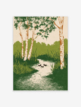 Illustrative wall art of birch trees with green leaves, a winding stream, reeds, and three ducks swimming