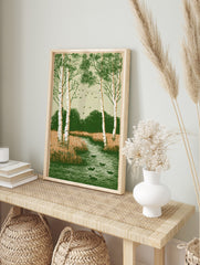 Birch trees, winding river with ducks, and flying birds in a green, textured, illustrative, in an alternate framed mockup
