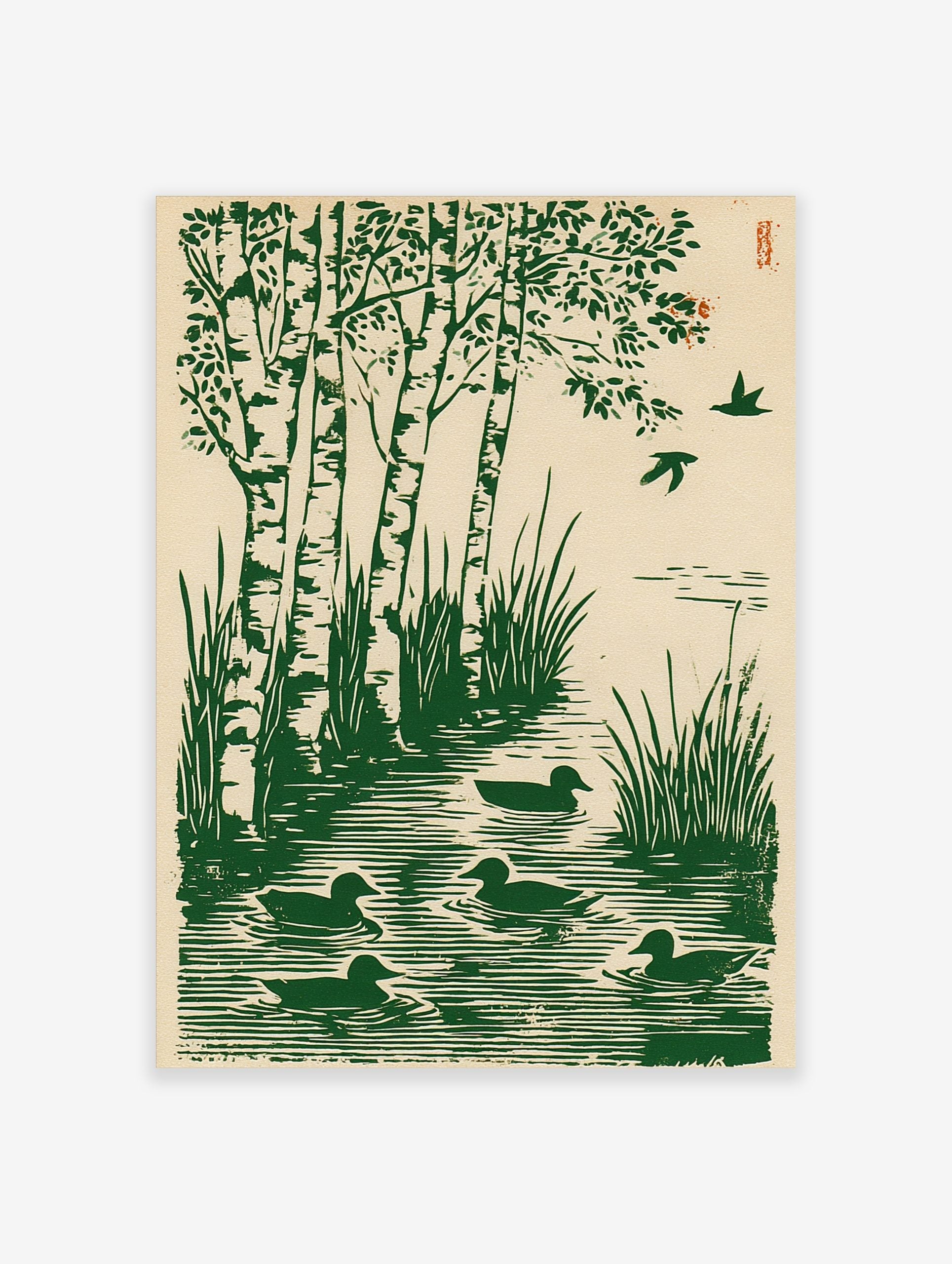 Green woodcut print of birch trees, tall grass, and five ducks swimming in water with two birds flying