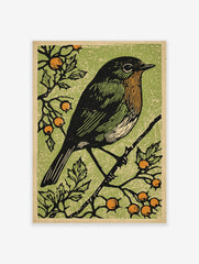 Illustrative black bird with orange breast on a branch with berries against a textured green background