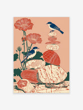 Illustrated bird and poppy wall art print with two blue birds, red flowers, and stacked stones on a peach background.