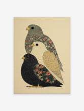 Three stylized, stacked bird art print with intricate floral and patterned details in muted green, white, black, and pink.