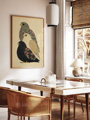 Three stylized, stacked bird art print with intricate floral and patterned details in muted green, white, black, and pink. - Image 2