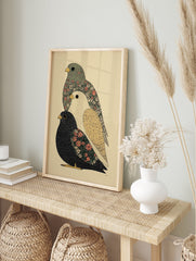 Three stylized, stacked bird art print with intricate floral and patterned details in muted green, white, black, and pink. - Image 3