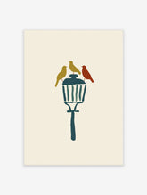 Three stylised birds perched on a dark teal lamp post against a cream background art print
