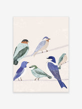 Illustrated bird wall art print featuring six colorful birds in blue, green, and brown perched on two thin wires.