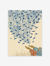 Folk art print of hands releasing many blue birds into a sky with vertical lines, symbolizing freedom. Bird wall art.