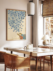 Folk art print of hands releasing many blue birds into a sky with vertical lines, symbolizing freedom. Bird wall art. - Image 2