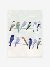 Illustrative bird wall art featuring a group of colorful songbirds perched on two wires against a pale green background