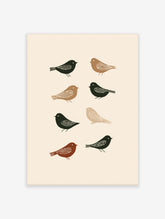 Minimalist bird wall art print with eight stylised birds in green, brown, and beige on a cream background