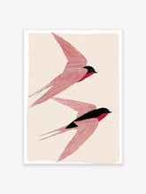 Two stylized red and black swallow birds in flight minimalist art print on a light beige background, Bird Wall Art.