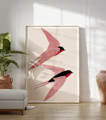 Two stylized red and black swallow birds in flight minimalist art print on a light beige background, Bird Wall Art. - Image 3