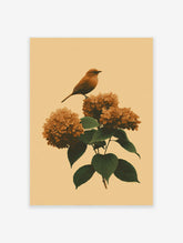 Vintage bird wall art illustration with a brown bird perched on earthy hydrangea flowers against a light peach background.