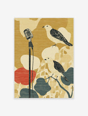 Illustrative wall art with two birds and a vintage microphone on a textured gold, red, and blue background