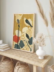 Illustrative wall art with two birds and a vintage microphone on a textured gold, red, and, in an alternate framed mockup