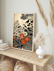 Illustrative art print with two birds, white and orange flowers, black foliage, and cream, in an alternate framed mockup