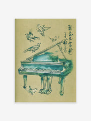 Watercolour art print of a grand piano with five birds and Japanese calligraphy in blue-green and beige
