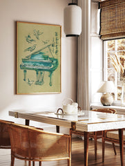Watercolour art print of a grand piano with five birds and Japanese calligraphy in blue-green and, in a styled room mockup