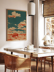 Bison poster featuring a vintage illustration of a red bison grazing in a brown prairie under a green and tan cloudy sky. - Image 2
