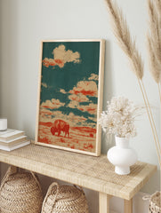 Bison poster featuring a vintage illustration of a red bison grazing in a brown prairie under a green and tan cloudy sky. - Image 4