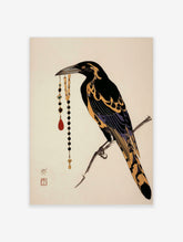 Black and gold magpie perched on a branch holding a beaded pendant, oriental bird art print
