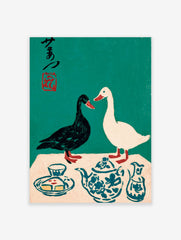 Illustrative print of black and white ducks with a blue patterned teapot and Japanese calligraphy on green background