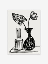 Black and white still life drawing of two vases and a single flower on a pale background