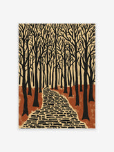 Minimalist black and white tree path poster with cobblestone trail through bare forest on beige background
