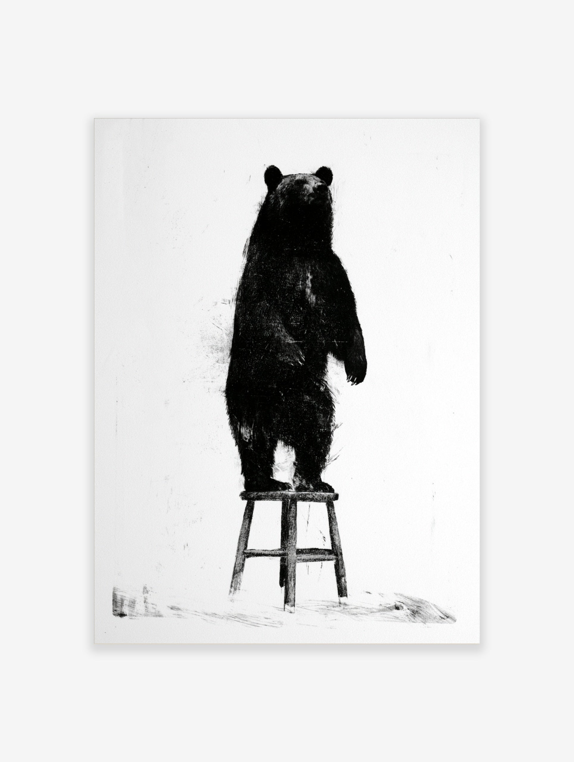 Black bear illustration standing on a wooden stool, monochrome art print on white background
