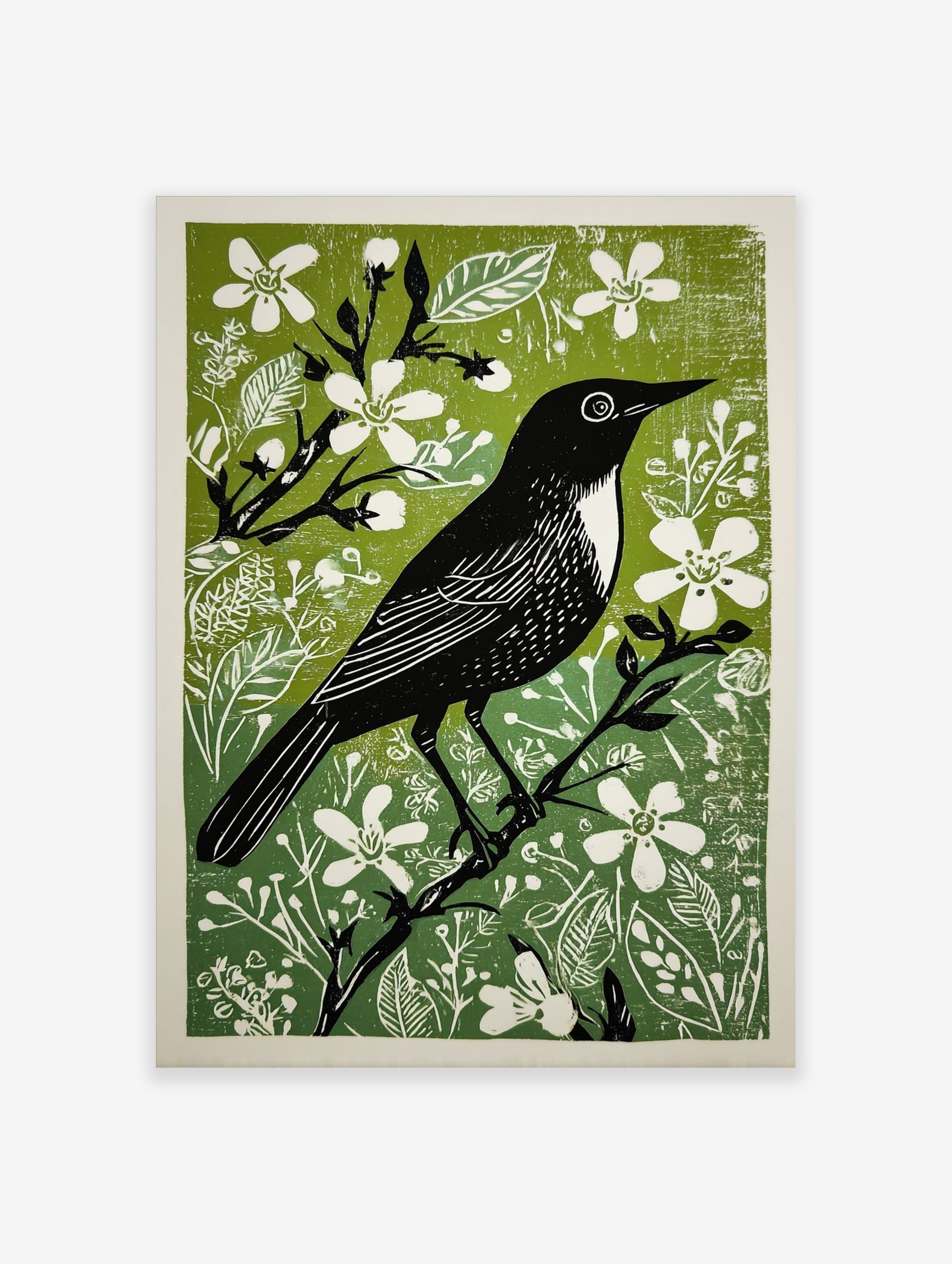 Black bird with white chest and eye on a branch, surrounded by green foliage and white flowers, illustrative print