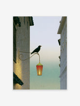 Black bird perched on a metal bracket holding a red and green lantern between two textured buildings