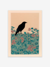 Japanese-style art print of a black bird on teal botanical branches with pink berries against a light background.