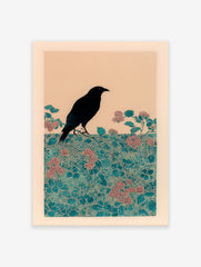 Japanese-style art print of a black bird on teal botanical branches with pink berries against a light background.