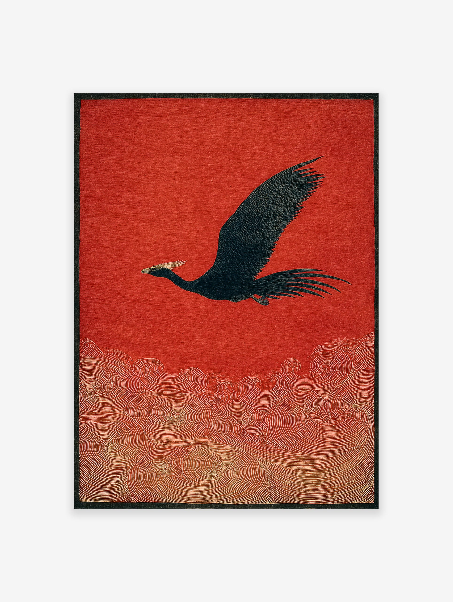 Black bird with white crest flying over golden swirling waves on a vibrant red background, Japanese style wall art print.