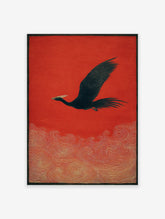Black bird with white crest flying over golden swirling waves on a vibrant red background, Japanese style wall art print.