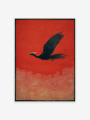 Black bird with white crest flying over golden swirling waves on a vibrant red background, Japanese style wall art print.