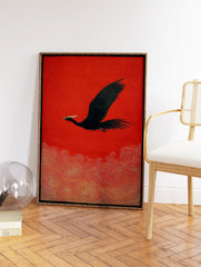 Black bird with white crest flying over golden swirling waves on a vibrant red background, Japanese style wall art print. - Image 2