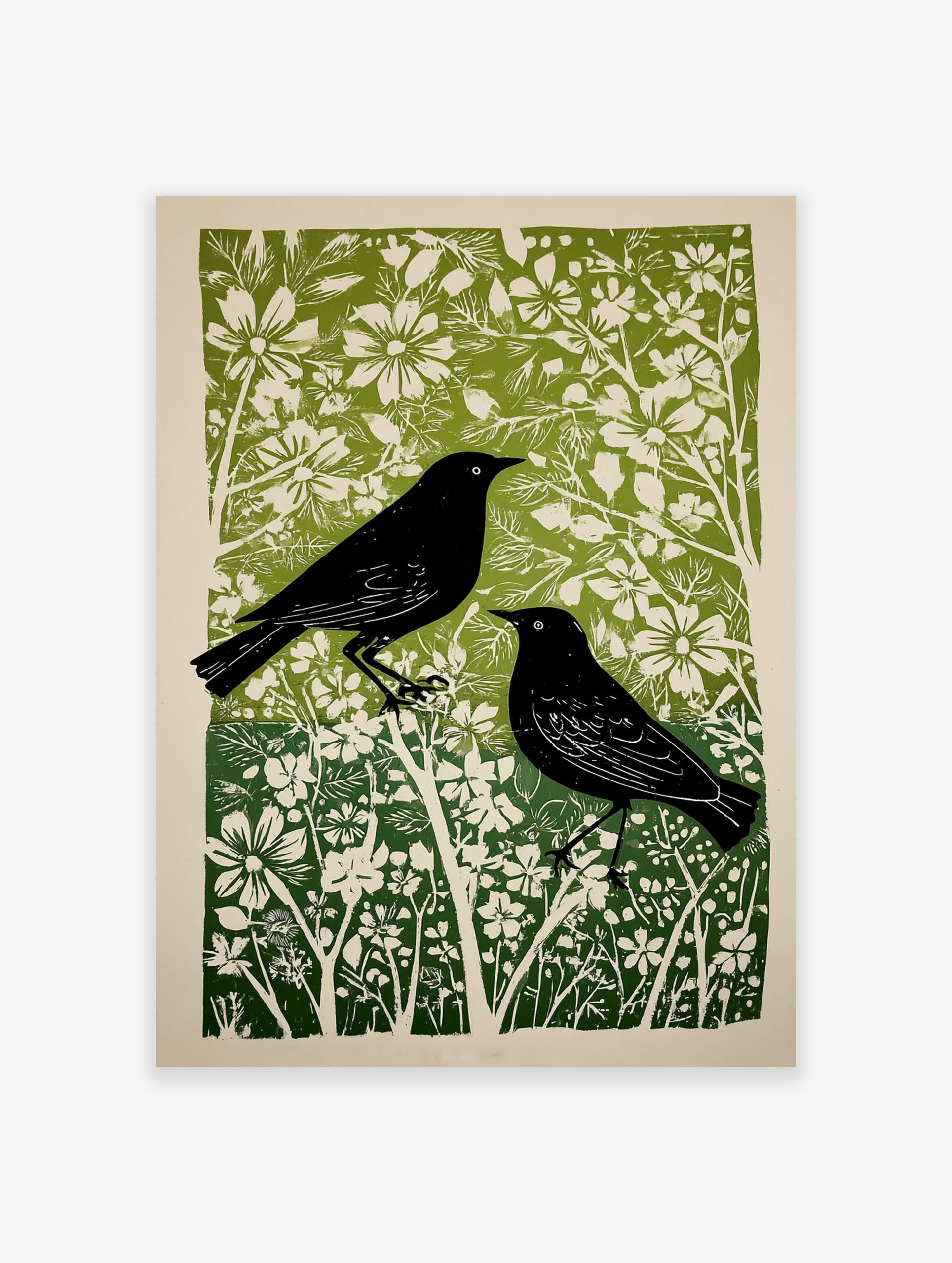 Linocut style print of two black birds amidst green and white flowers and foliage