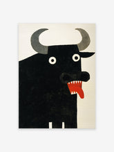 A black bull poster with large grey horns, white eyes, and a red mouth with sharp teeth and tongue against a white background.