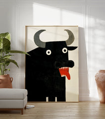 A black bull poster with large grey horns, white eyes, and a red mouth with sharp teeth and tongue against a white background. - Image 3