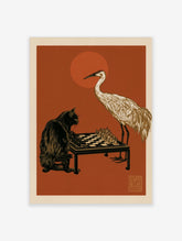 Black cat and white crane playing chess on a table under a red sun, terracotta background