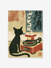 Black cat sitting beside a red record player with white bird and kanji calligraphy on beige background, Japanese style art
